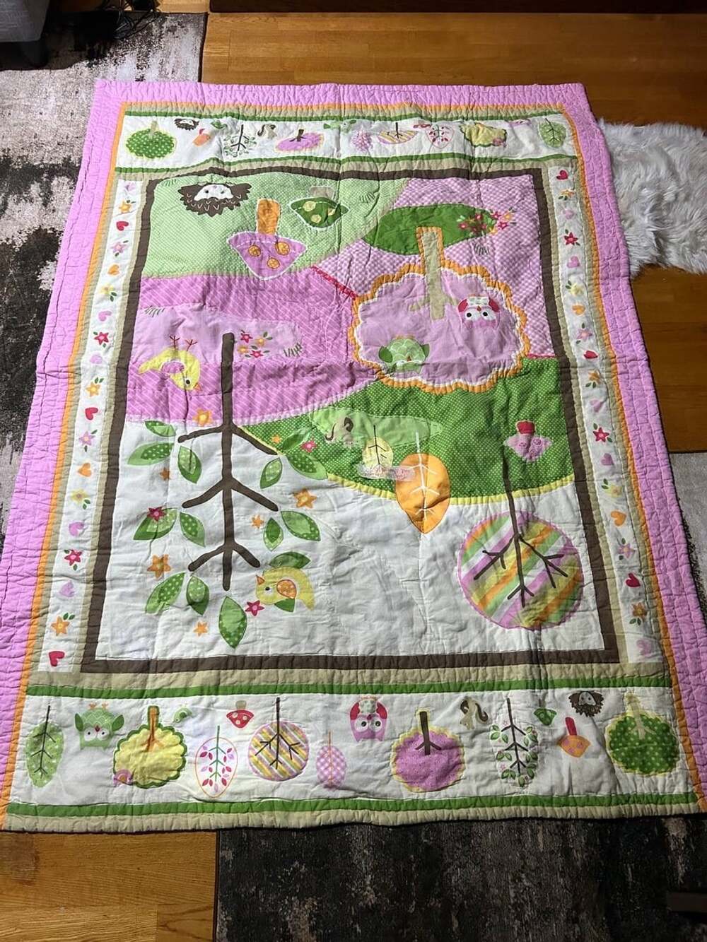 Woodland Animals Baby Crib Quilt Owl Hedgehog Birds Trees Pink Green 68x60